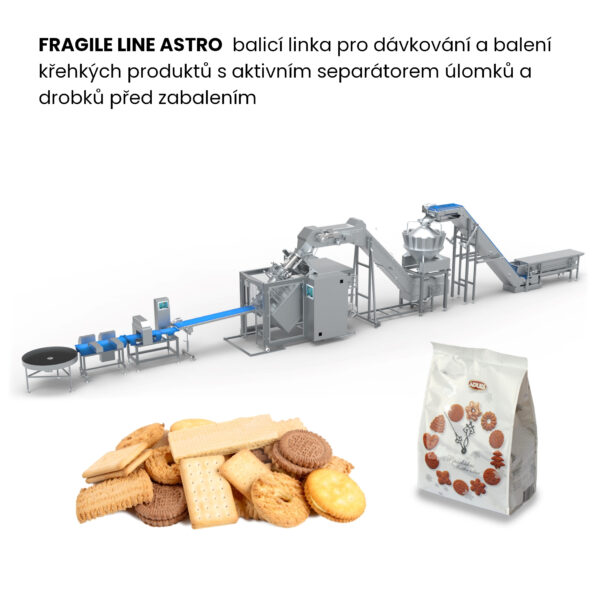 FRAGILE LINE ASTRO - balicí linka pro dávkování a balení křehkých produktů s aktivním separátorem úlomků a drobků před zabalením